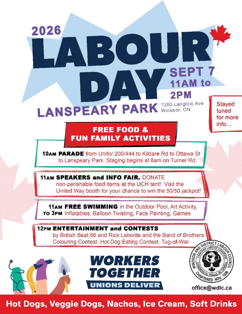 Lists Labour Day activities: parade at 10, speakers and info fair starting at 11, entertainment at noon